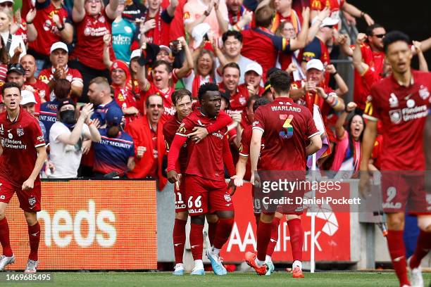 Nestory Irankunda of Adelaide United celebrates kicking a goal during the round 18 A-League Men's match between Melbourne Victory and Adelaide United...