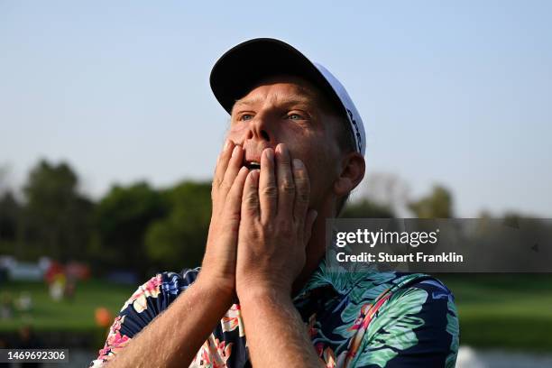 Marcel Siem of Germany reacts after winning the Hero Indian Open at Dlf Golf and Country Club on February 26, 2023 in India.