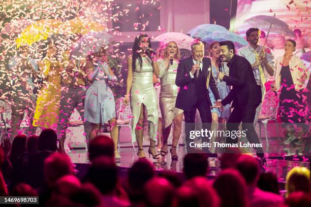 Roland Kaiser and Giovanni Zarrella perform on stage during the Giovanni Zarrella Show on February 25, 2023 in Offenburg, Germany.