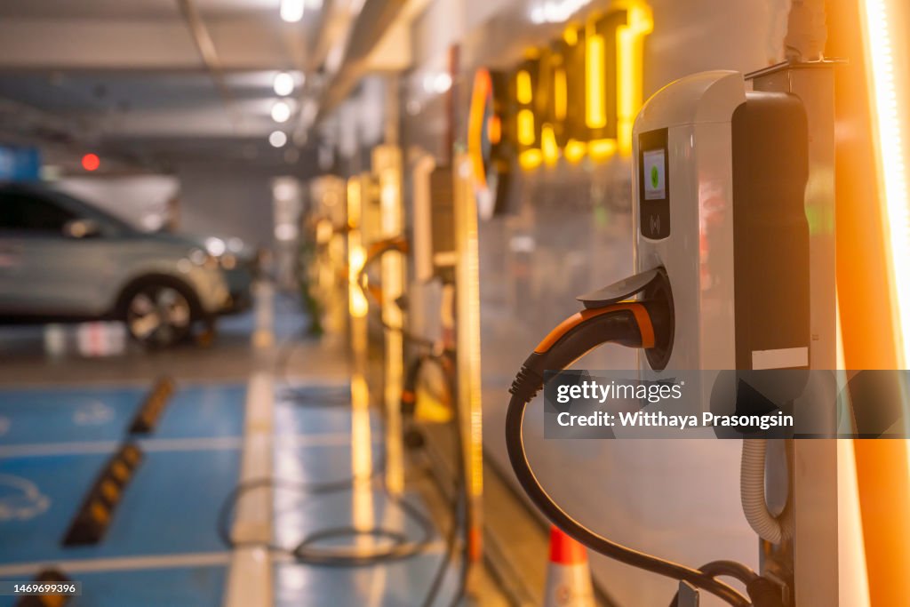Charging stations for electric cars at a parking lot