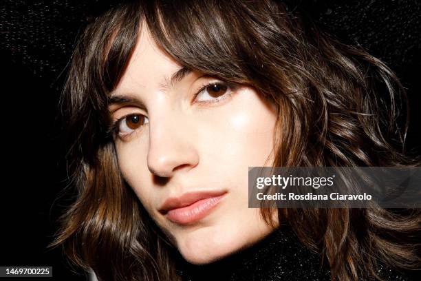 Model, make up detail, poses backstage at the Philipp Plein fashion show during the Milan Fashion Week Womenswear Fall/Winter 2023/2024 on February...