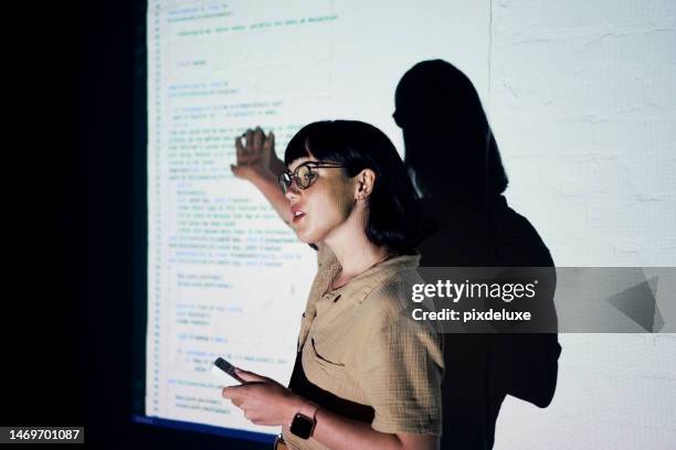 seminar, lecture or software presentation with woman teaching it or tech coding for web developer. workshop, research and cyber security code trade show, sharing and planning future technology ideas. - webdesigner stockfoto's en -beelden