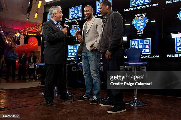 S Pedro Gomez interviews Los Angeles Dodgers Matt Kemp and New York Yankees Robinson Cano during the MLB All-Star Lead-Off Event June 5, 2012 at the...