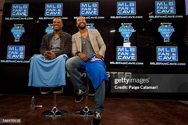 New York Yankees Robinson Cano and Los Angeles Dodgers Matt Kemp are interviewed during the MLB All-Star Lead-Off Event June 5, 2012 at the MLB Fan...