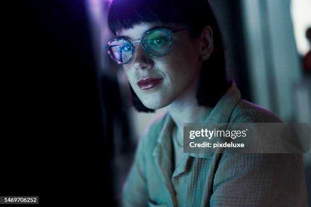 night, neon and face of woman at computer for programmer, cloud computing and software developer. coding, cybersecurity and technology with employee in digital agency for it, designer and code - programmer computer stock pictures, royalty-free photos & images