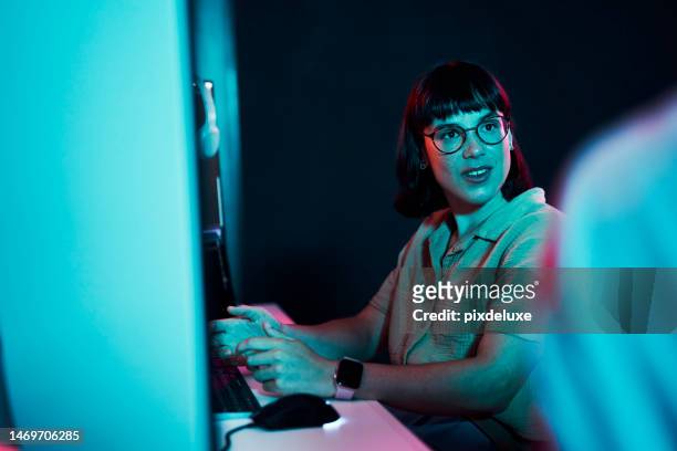 neon, developer or woman at night on computer working in office for cybersecurity, app coding or research. programmer, teamwork or employee on tech for software help, programming or strategy review - web programmer stock pictures, royalty-free photos & images