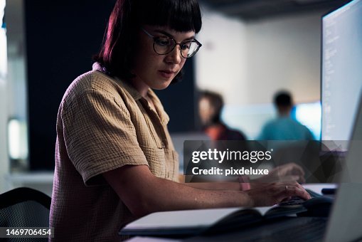 Reading Computer And Night With Woman And Coding For Software ...