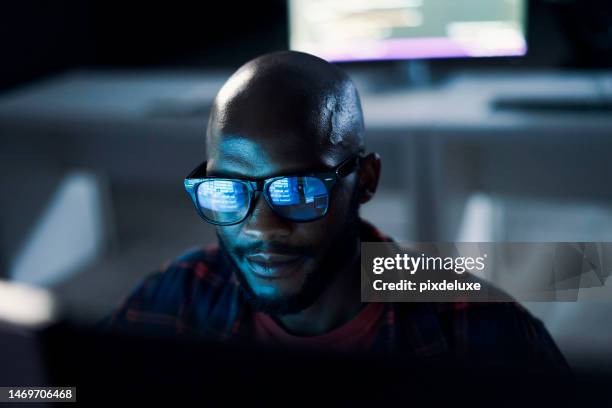 programmer, black man and code reflection in glasses, cyber security and hacking in workplace. african american male employee, coder or it specialist with eyewear, focus and programming in office - network security stock pictures, royalty-free photos & images