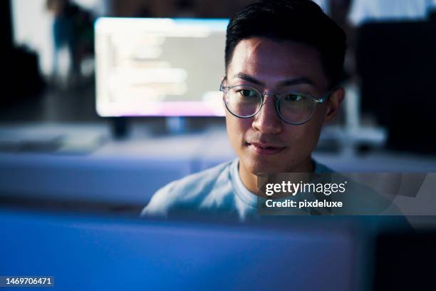 computer coding, programming and asian man in cybersecurity, software development and html script. night person from china with information technology career, database code and monitor network safety - webdesigner stockfoto's en -beelden