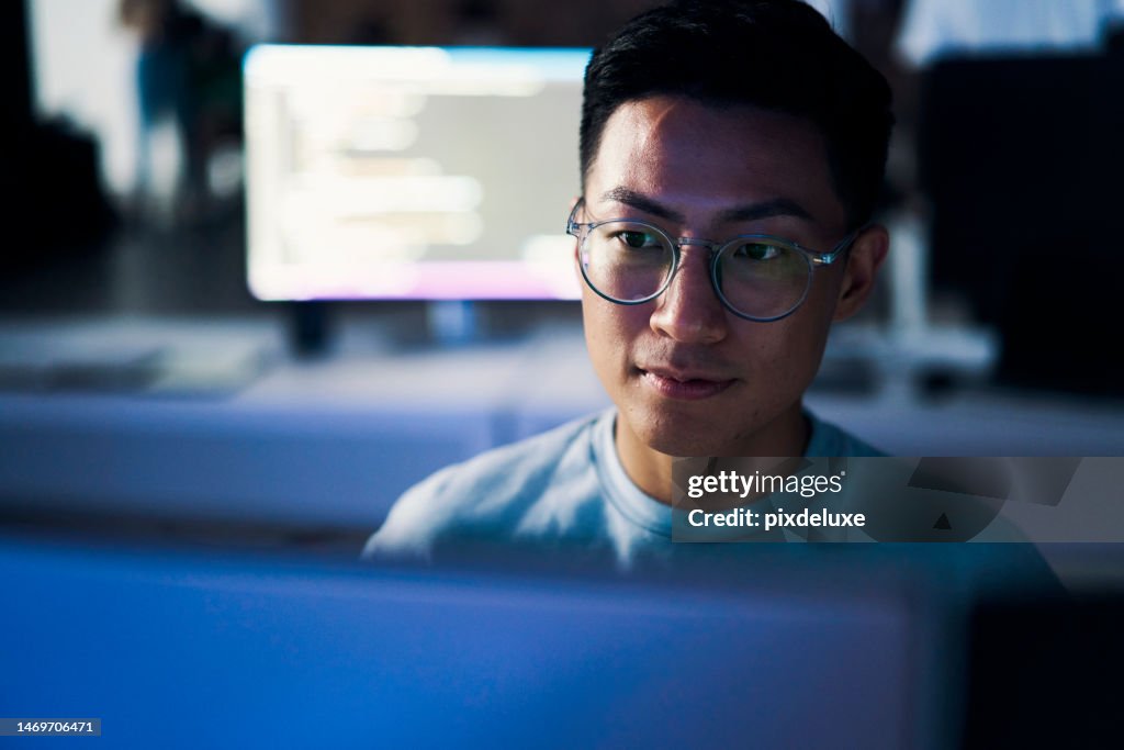 Computer coding, programming and asian man in cybersecurity, software development and html script. Night person from china with information technology career, database code and monitor network safety