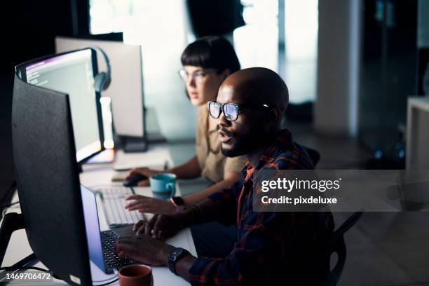 creative developers, coding and programming on computer in software or application development at office. man and woman code on laptop or technology for testing, web design or online networking - web designer imagens e fotografias de stock