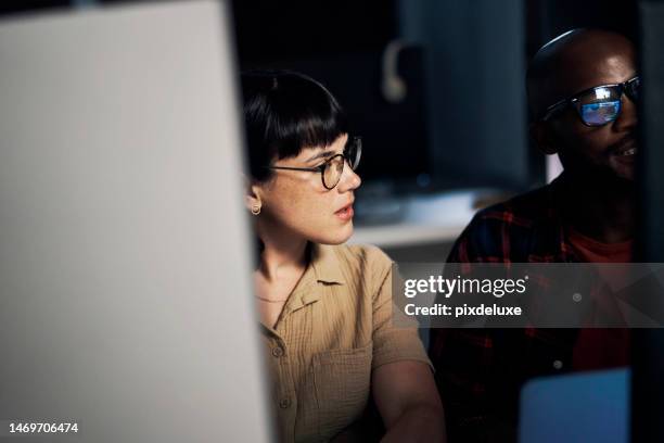 developers, coding and thinking in programming on computer for software or application development at office. man and woman contemplating code on desktop pc for testing, web design or networking - low code stock pictures, royalty-free photos & images