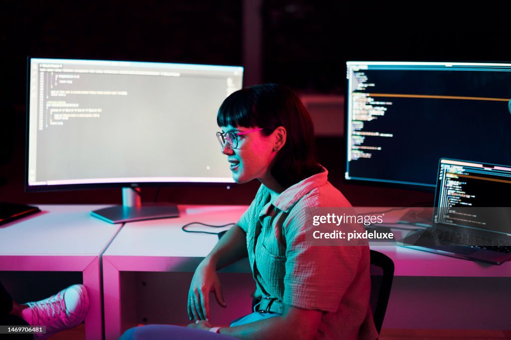 Computer coding, html script and woman programming, software development or cyberpunk in neon. Night or dark room for information technology, code and programmer geek or person on data monitor screen