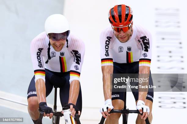 Roger Kluge and Theo Reinhardt of Team Germany react after winning the Men's Madison Final during day four of the UCI Track Nations Cup at Jakarta...