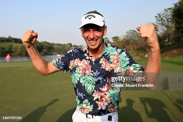 Marcel Siem of Germany celebrates after winning the Hero Indian Open at Dlf Golf and Country Club on February 26, 2023 in India.