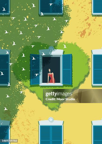 woman looking from a window illustration - ivy garden wall stock illustrations