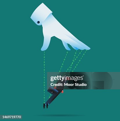 Hand manipulating man by lines of binary code. Hand manipulating man by lines of binary code.