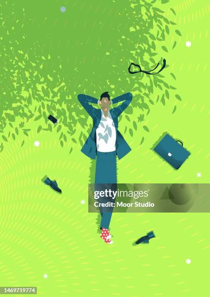 businessman laying on a grass vector illustration - carefree 幅插畫檔、美工圖案、卡通及圖標