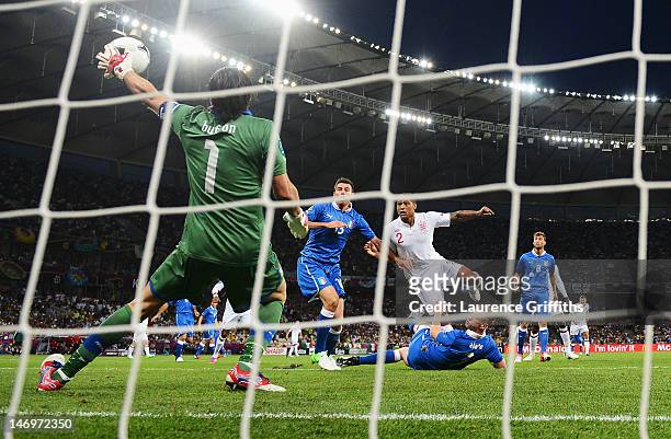 Gianluigi Buffon of Italy makes a save during the UEFA EURO 2012 quarter final match between England and Italy at The Olympic Stadium on June 24,...