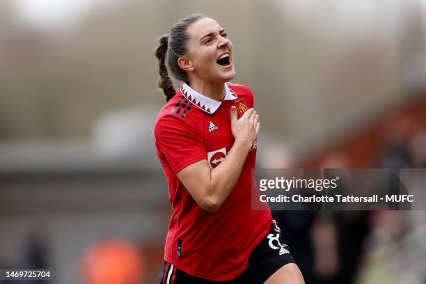 Vilde Boe Risa of Manchester United Women celebrates scoring their first goal during the Vitality Women's FA Cup Fifth Round match between Manchester...