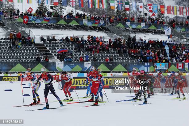 General view of athletes as they start the Women's Final in the Cross-Country Team Sprint at the FIS Nordic World Ski Championships Planica on...