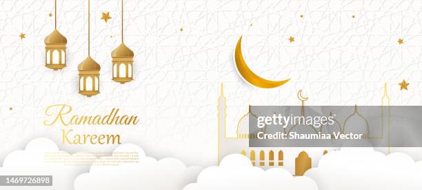 stockillustraties, clipart, cartoons en iconen met islamic mosque with moon, stars, lanterns and clouds at night. ramadan kareem greeting banner template vector - eid al fitr celebration to mark the end of ramadan