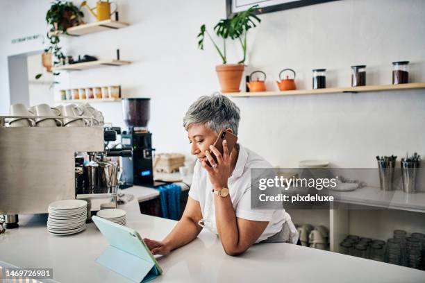 old woman in coffee shop, small business with tablet and phone call, digital invoice and chat with supplier and barista. technology, owner and inventory check, communication and wifi to manage orders - restaurant owner stock pictures, royalty-free photos & images