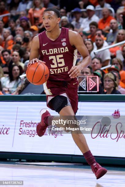 Matthew Cleveland of the Florida State Seminoles in action against the Miami Hurricanes during the second half of the game at Watsco Center on...