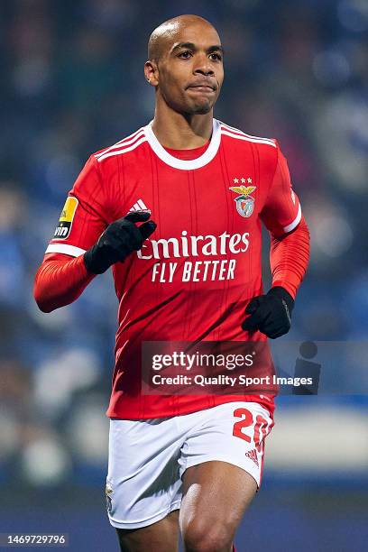 Joao Mario of SL Benfica celebrates after scoring his team's second goal during the Liga Portugal Bwin match between FC Vizela and SL Benfica at...