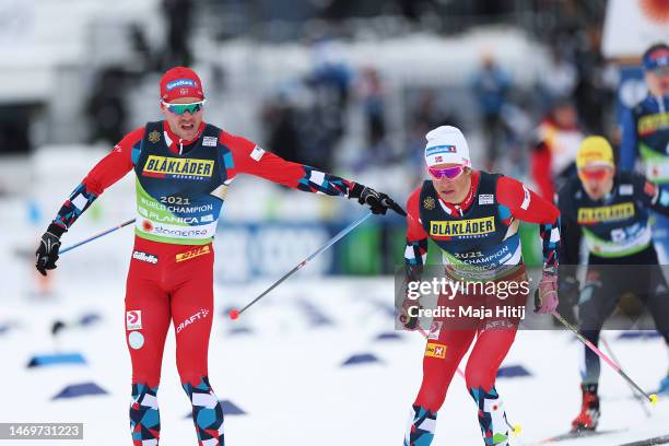 Paal Golberg and Johannes Hoesflot Klaebo of Team Norway compete in the Men's Final during the Cross-Country Team Sprint at the FIS Nordic World Ski...