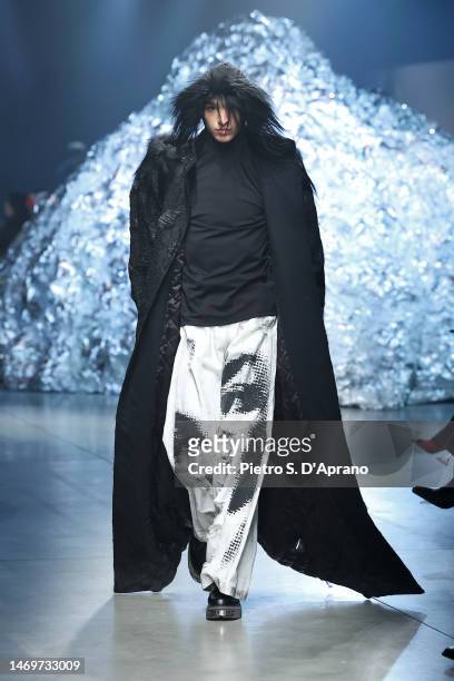 Model walks the runway at the Annakiki fashion show during the Milan Fashion Week Womenswear Fall/Winter 2023/2024 on February 26, 2023 in Milan,...