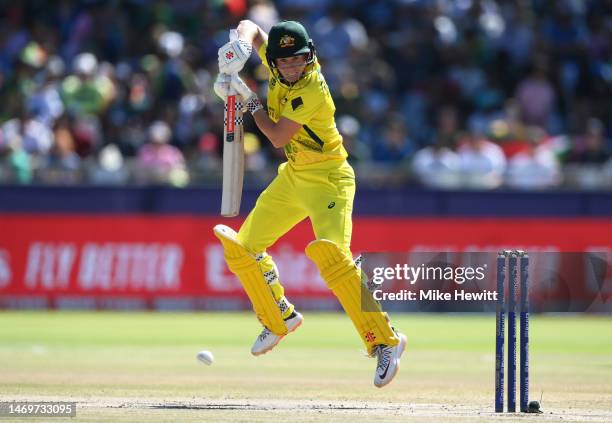 Beth Mooney of Australia plays a shot during the ICC Women's T20 World Cup Final match between Australia and South Africa at Newlands Stadium on...