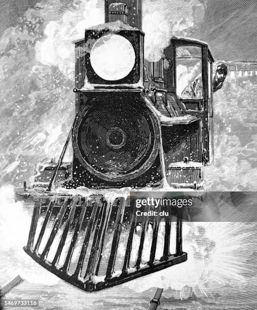 stockillustraties, clipart, cartoons en iconen met steam locomotive on the go in the snow, front view, locomotive driver looking out at the window - machinist