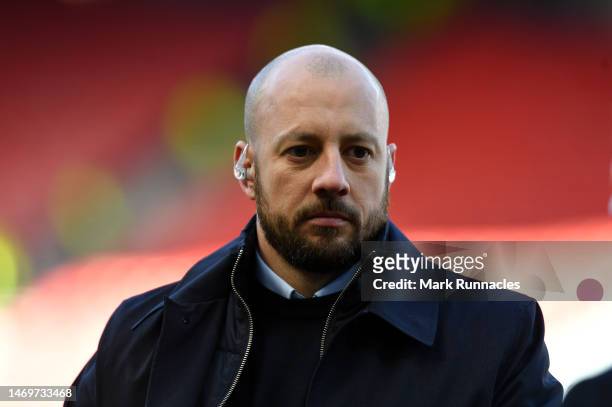 Alan Hutton, former professional player and pundit looks on prior to the Viaplay Cup Final between Rangers and Celtic at Hampden Park on February 26,...