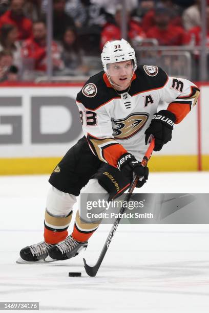 Jakob Silfverberg of the Anaheim Ducks skates against the Washington Capitals during the first period at Capital One Arena on February 23, 2023 in...