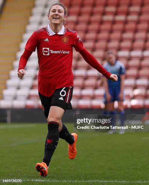 Hannah Blundell of Manchester United Women celebrates scoring their third goal during the Vitality Women's FA Cup Fifth Round match between...