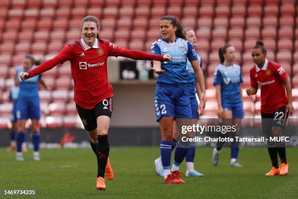 Hannah Blundell of Manchester United Women celebrates scoring their third goal during the Vitality Women's FA Cup Fifth Round match between...