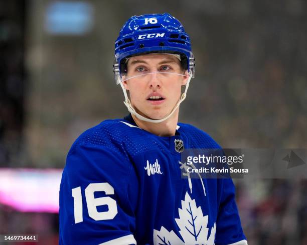 Mitchell Marner of the Toronto Maple Leafs looks on against the Minnesota Wild during the second period at the Scotiabank Arena on February 24, 2023...