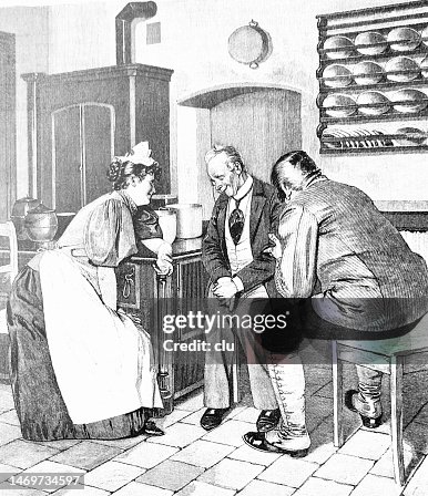 Communication Between Cooks A Conversation Between Cook Coachman And A Guest In A Kitchen Close To ...