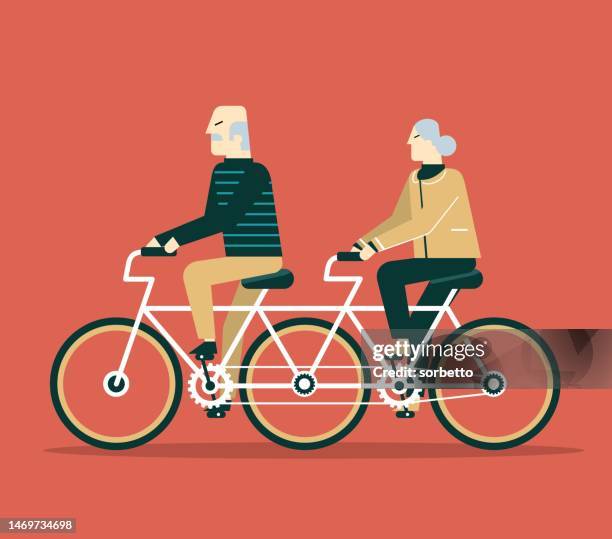 stockillustraties, clipart, cartoons en iconen met senior retired elderly couple ride tandem bike - tandem positie