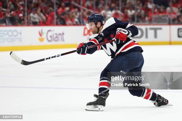 Nick Jensen of the Washington Capitals shoots against the Anaheim Ducks during the second period at Capital One Arena on February 23, 2023 in...
