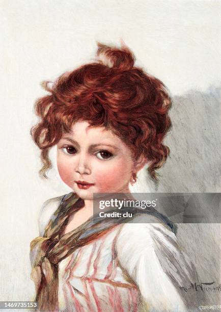 little female redhead portrait, curly high pinned hair, looking at viewer, big brown eyes - big hair stock illustrations stock illustrations