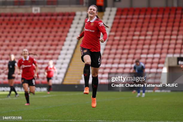 Hannah Blundell of Manchester United Women celebrates scoring their third goal during the Vitality Women's FA Cup Fifth Round match between...