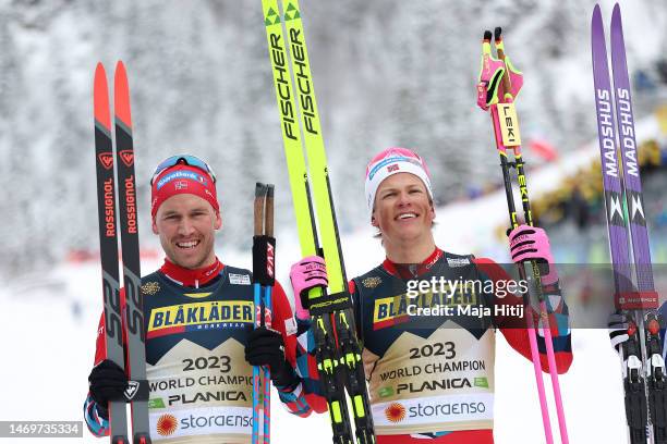 Gold medalists, Paal Golberg and Johannes Hoesflot Klaebo of Team Norway celebrate victory following the Men's Final in the Cross-Country Team Sprint...