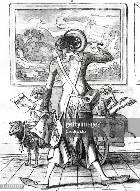 the art critic standing at a framed image inspecting it, underneath his equipment - critic stock illustrations