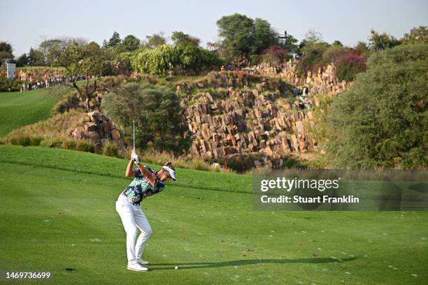 Marcel Siem of Germany plays a shot on the 17th hole during Day Four of the Hero Indian Open at Dlf Golf and Country Club on February 26, 2023 in...