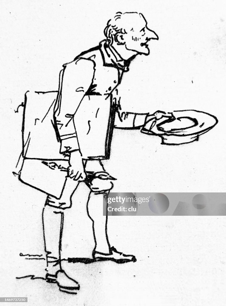 A standing man with a long hook nose holds the hat open and asks for a mild gift