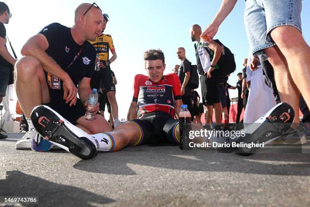 Remco Evenepoel of Belgium and Team Soudal Quick-Step - Red Leader Jersey reacts after the 5th UAE Tour 2023, Stage 7 a 153km stage from Hazza Bin...