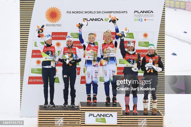 Silver medalists, Anne Kjersti Kalvaa and Tiril Udnes Weng of Team Norway, gold medalists, Jonna Sundling and Emma Ribom of Team Sweden and bronze...