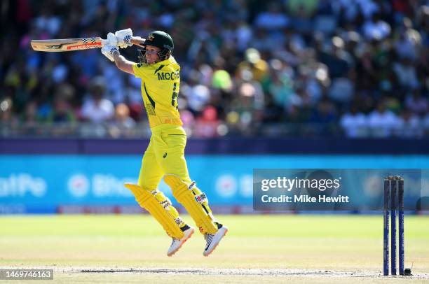 Beth Mooney of Australia plays a shot during the ICC Women's T20 World Cup Final match between Australia and South Africa at Newlands Stadium on...